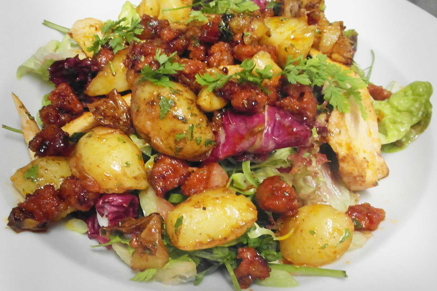 Chicken, chorizo, potato and spring onion salad