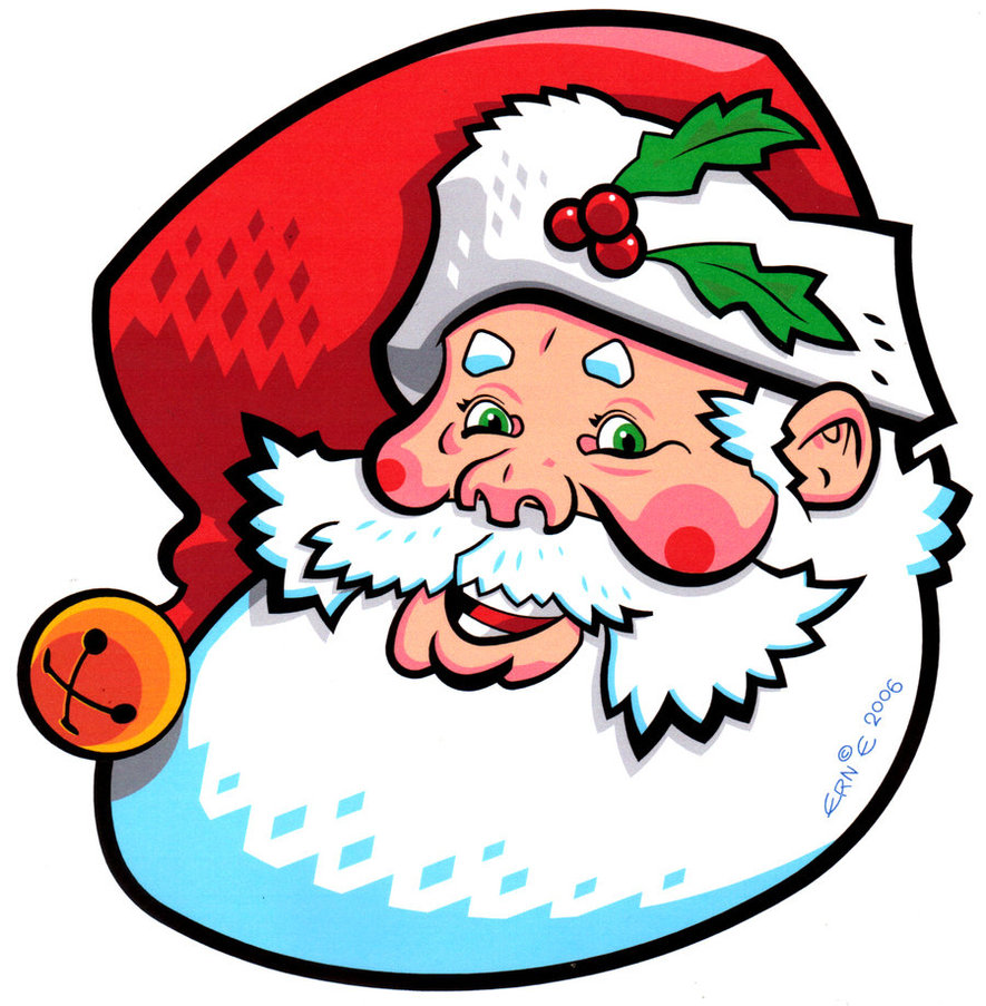 Cartoon santa with rosy cheeks and a red hat with a holly berry and two leaves.