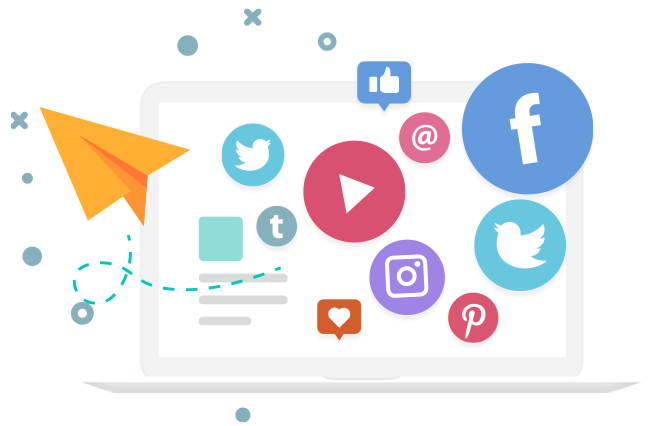 Facebook, Instagram, Twitter, Pinterest icons on a laptop