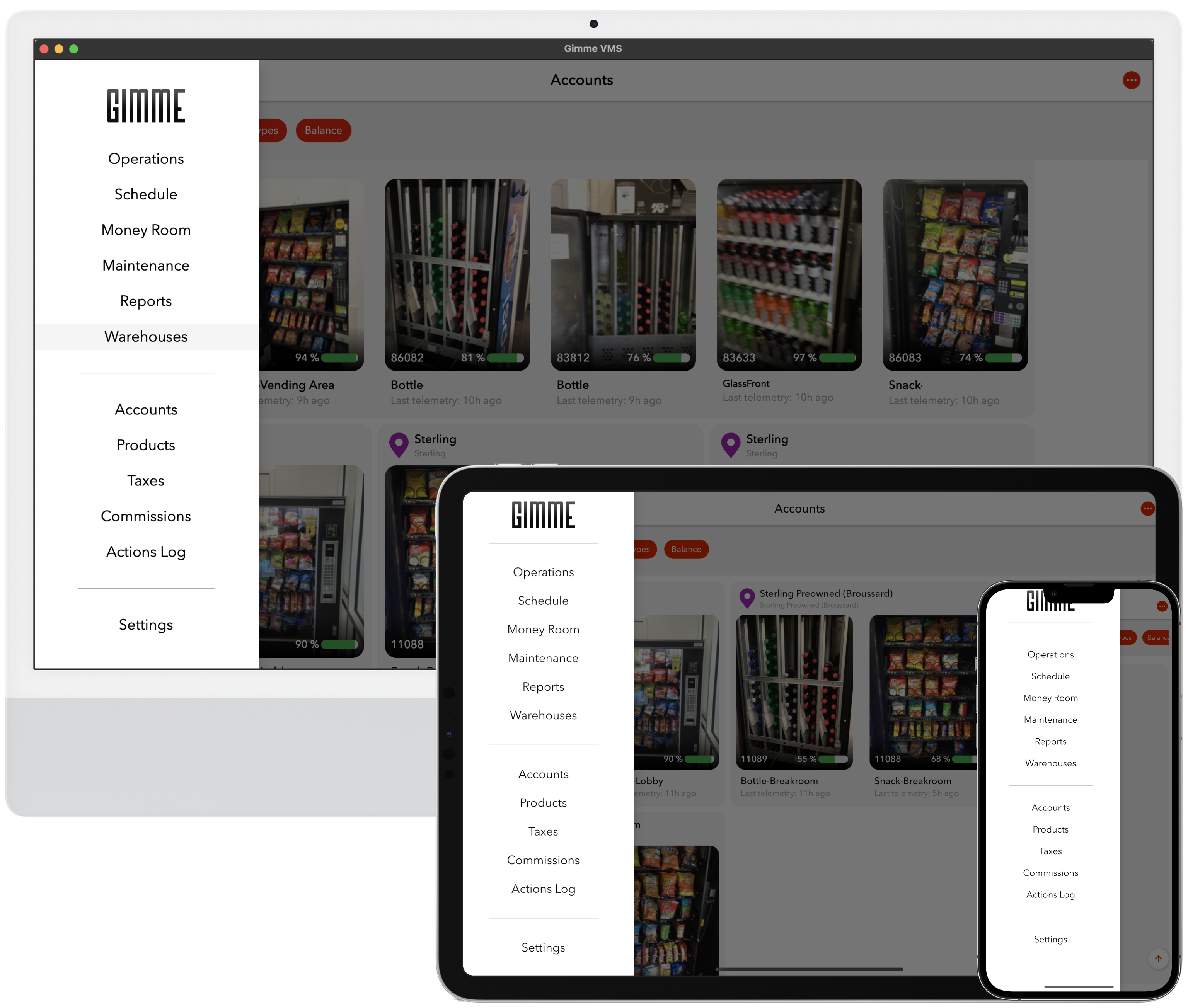 Gimme VMS across three devices: iPhone, iPad, and iMac. Available on iOS and PC.