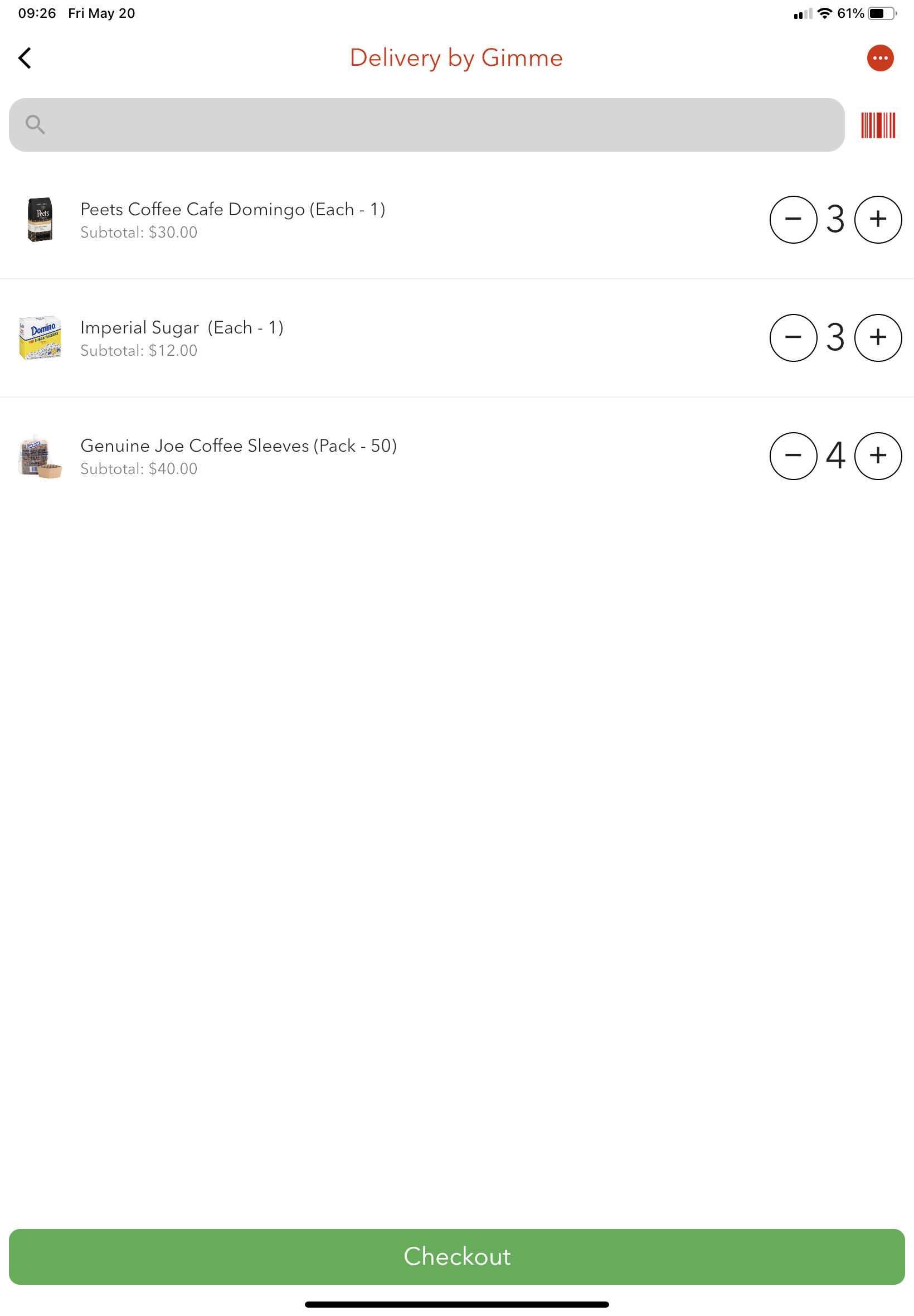 A sample office coffee delivery invoice with coffee products shown in the Gimme Field app.