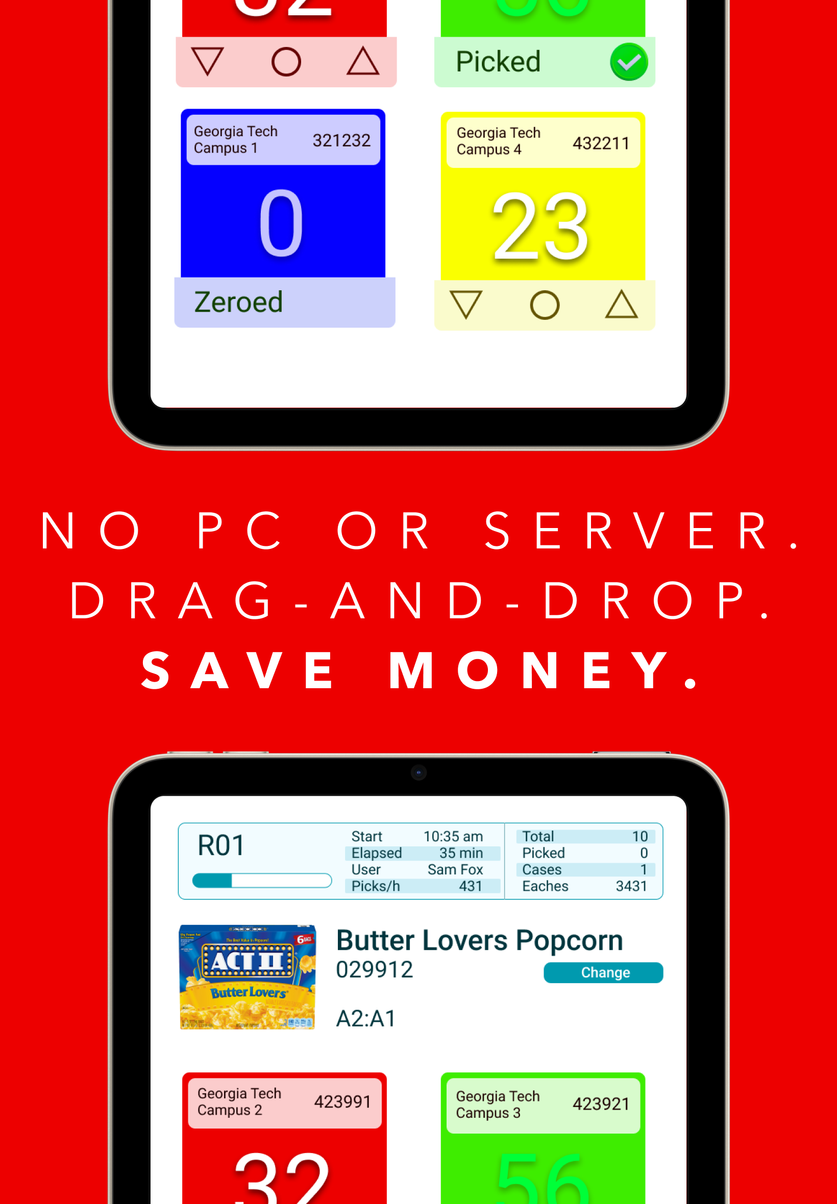 Gimme VMS Mobile Picking doesn't require a PC or physical server, includes drag and drop product mapping, and saves operators money.