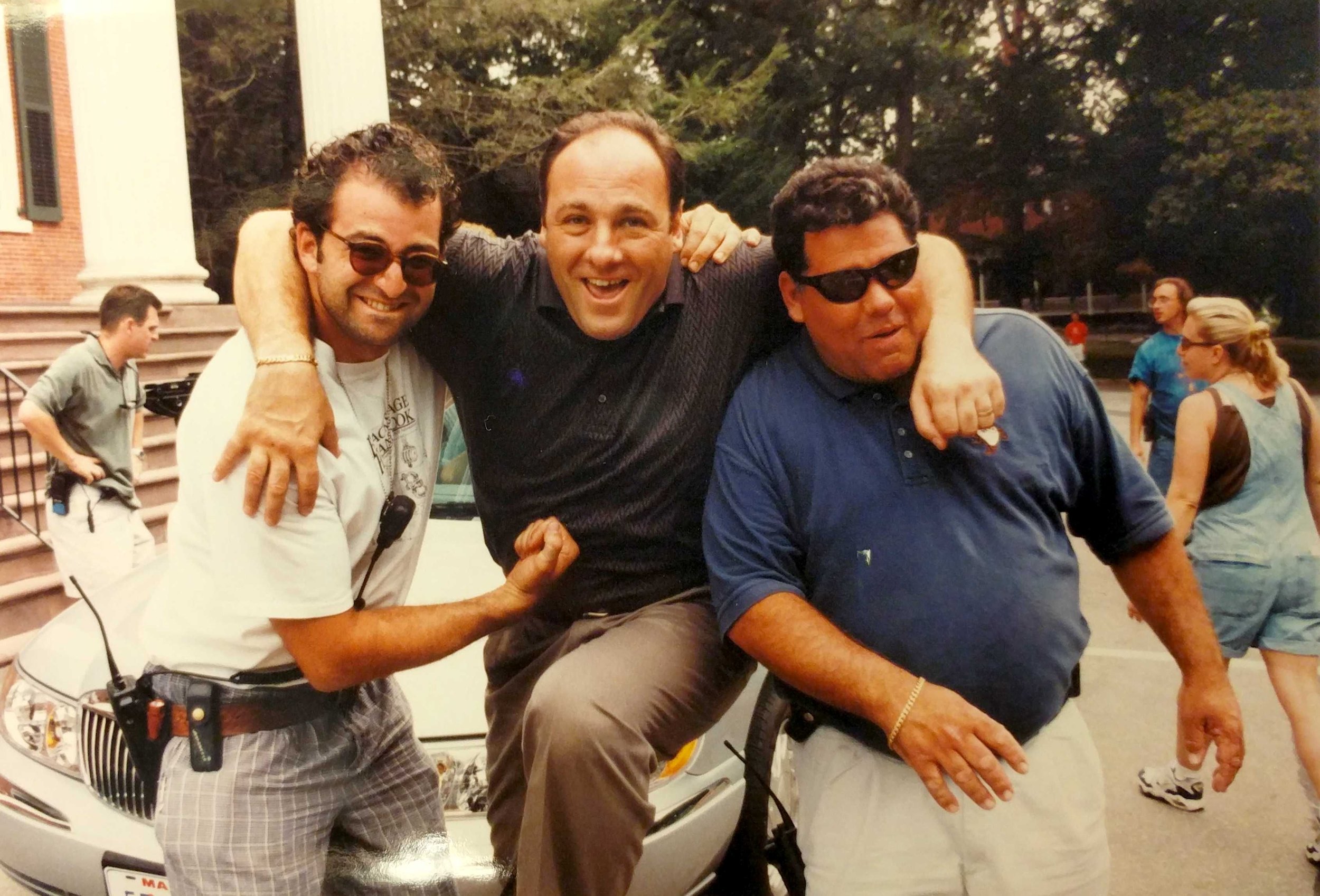 From left to right, Andrew DiMeo, James Gandolfini, and Joseph Badalucco Jr. on the set of The Sopranos