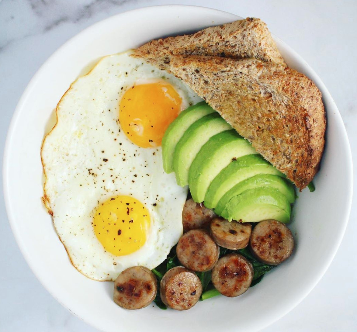 eggs, avocado, sausage and toasted integral bread on a bowl