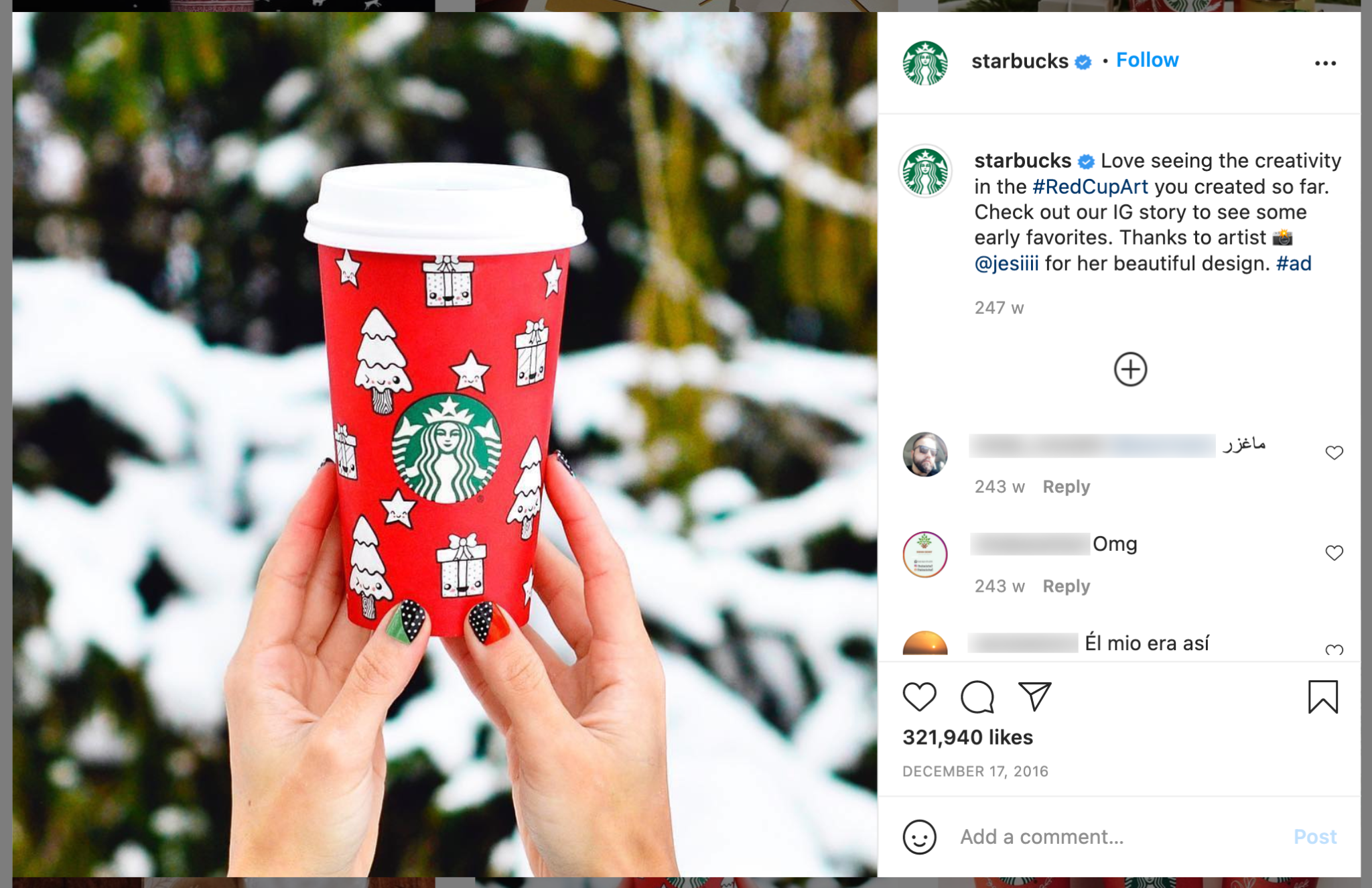 A Starbuck's christmas post on Instagram