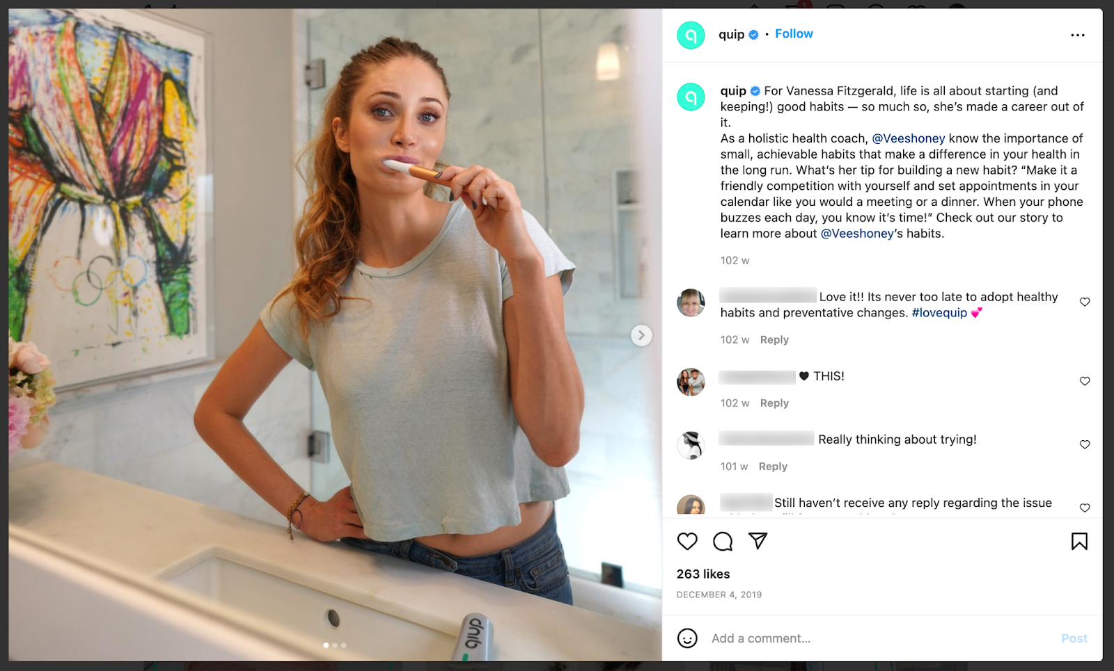 Quip's Instagram post using UGC