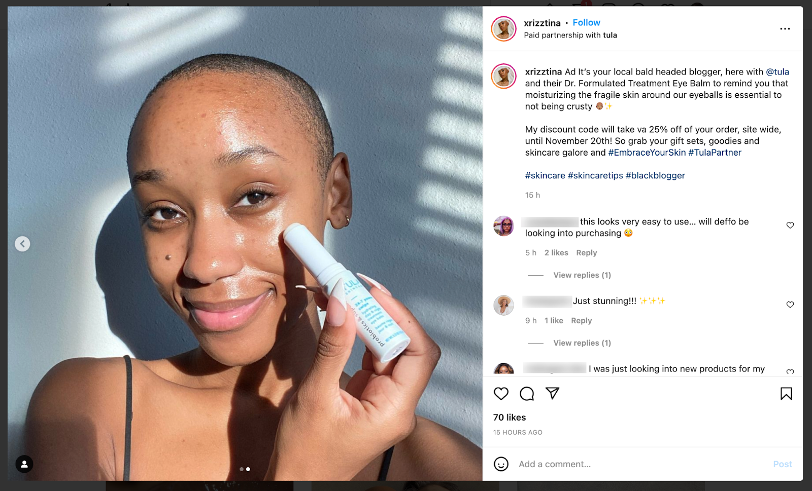 xrizztina's instagram post promoting skincare product