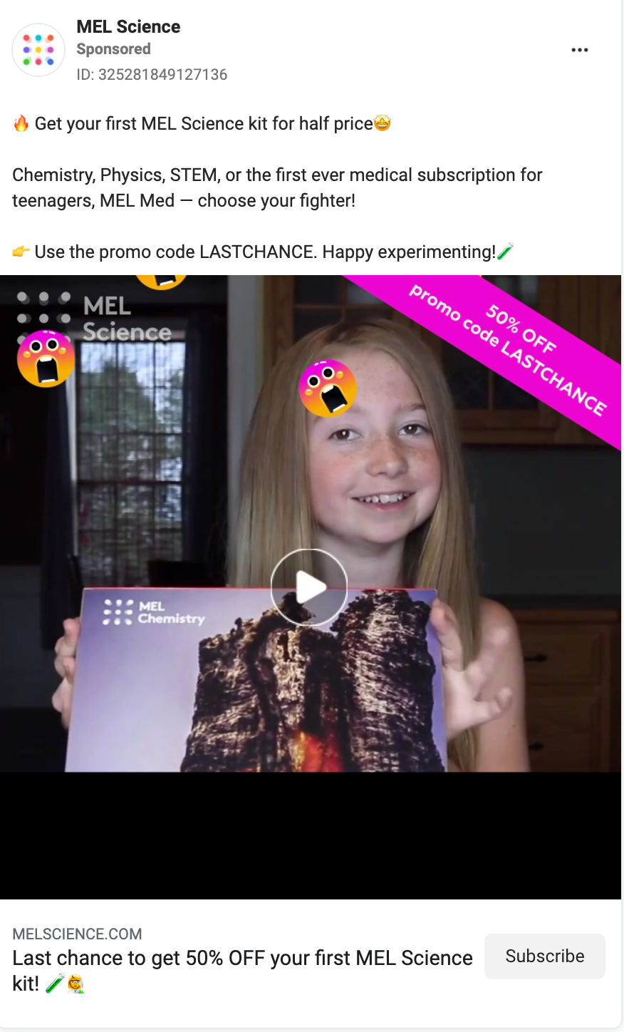 mel science facebook ad using UGC