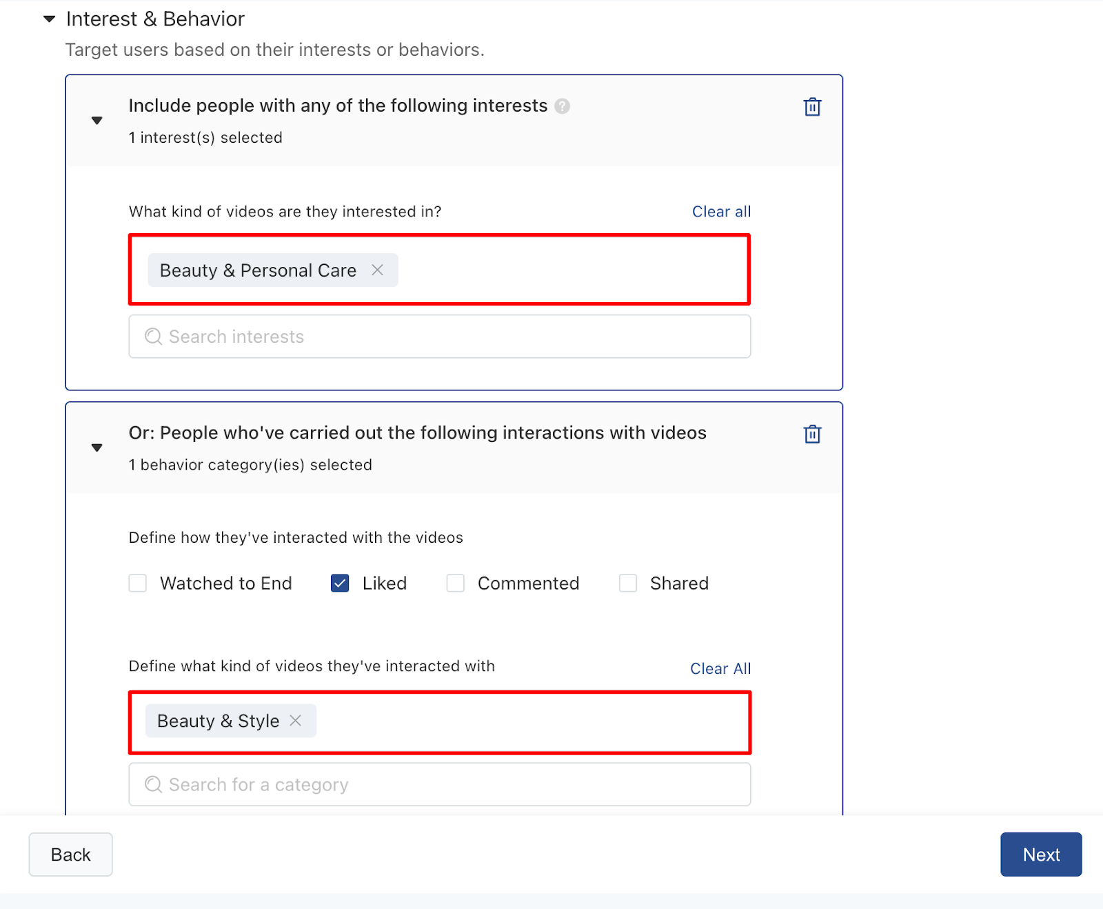 interest and behavior tiktok ads section