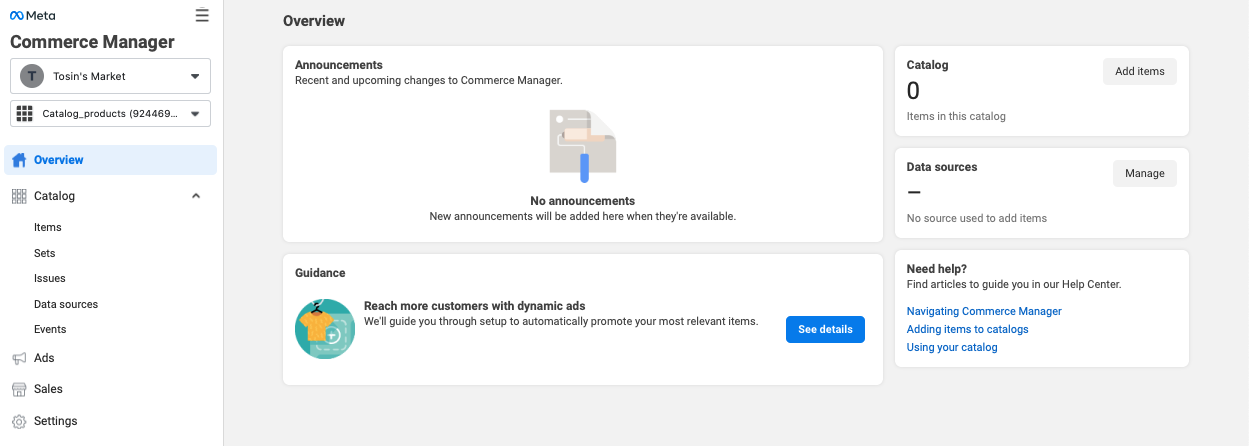 screenshot of overview page on commerce manager