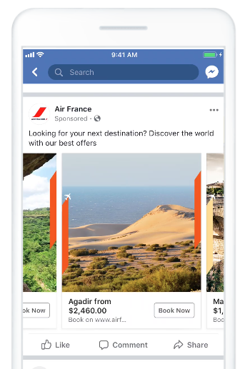 phone showing Air France sponsored ad on Facebook
