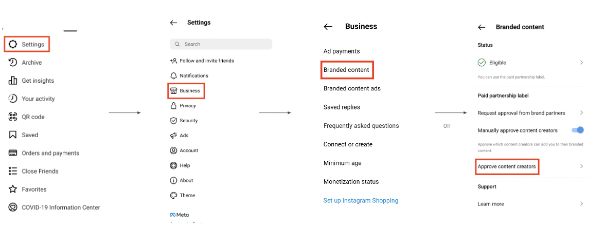 Screenshot of Instagrams settings to set up branded content tool