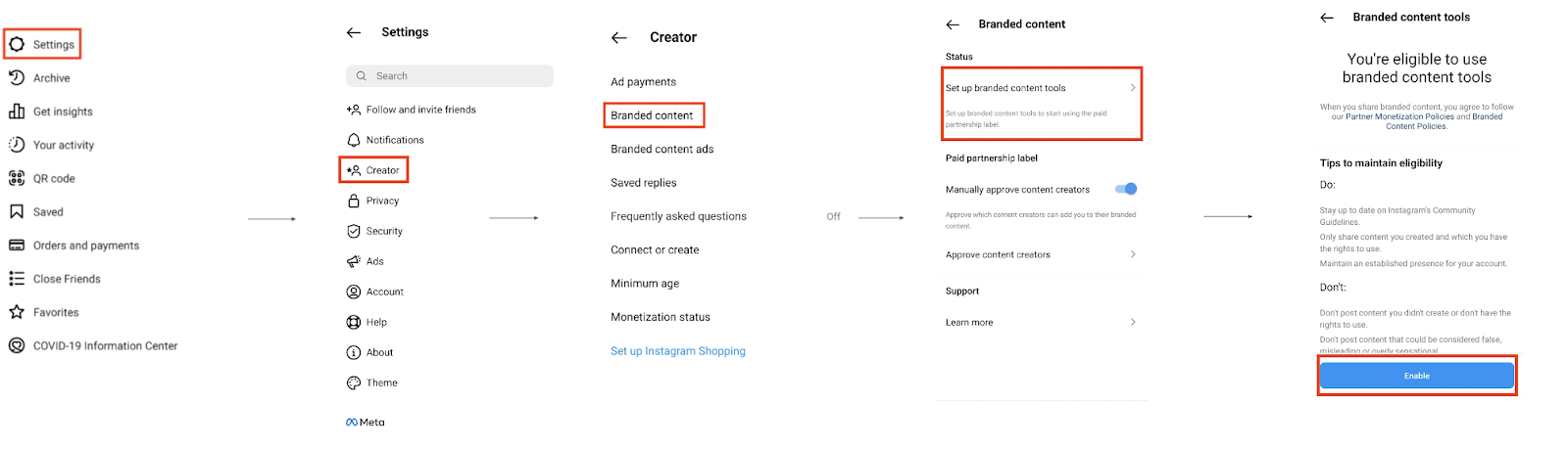screenshot of Instagram settings to set up the branded content tool