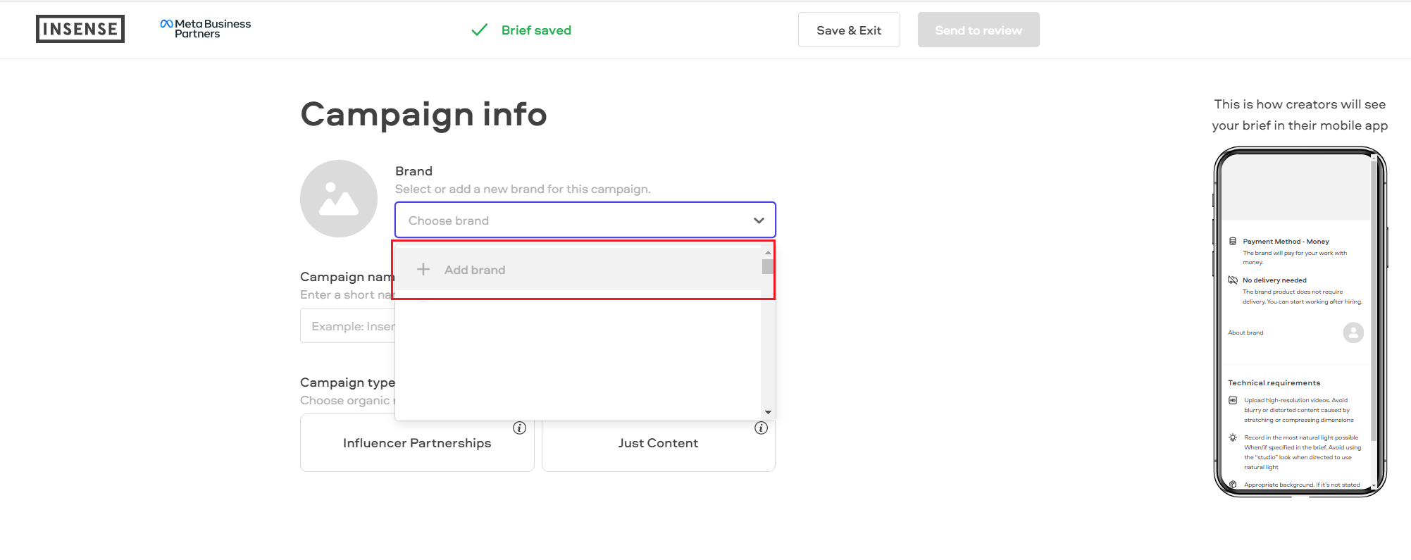 choose a brand step on Insense's brief page