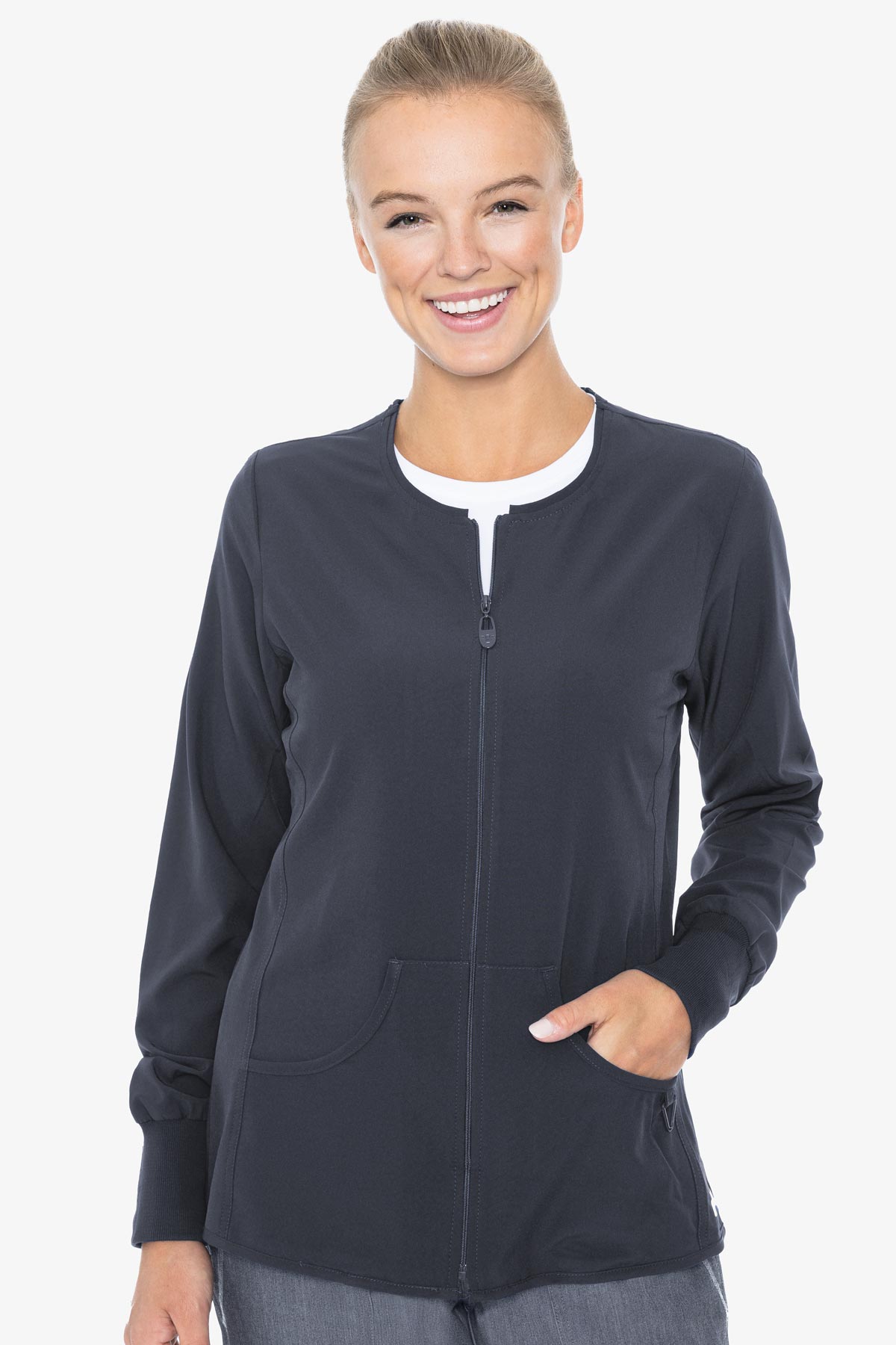 Stay agile in this jacket that's made of Activate fabric!
• 95% Polyester, 5% Spandex
• Rib knit sleeve cuffs
• Zip front closure
• Pouch pockets
• Princess seams
R: XS-3X (27”)