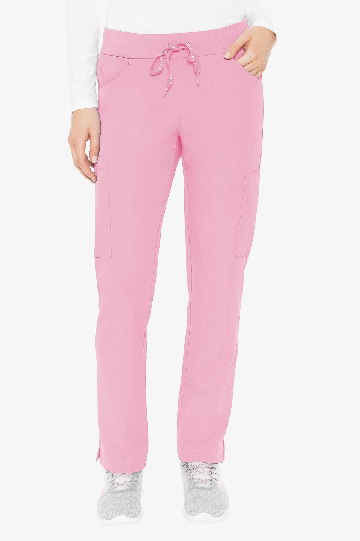 Stand out in comfort. Made with silky soft Peaches™ Sensation wicking fabric—and featuring a brilliant zipper pocket at the waist—the Peaches yoga pant is made for those who think on their feet and keep their cool. • Ultra-soft jersey-knit waistband with adjustable ties
• Straight leg with side vents
• Zipper pocket at waist
• Two cargo pockets
• Peaches™ Sensation Fabric
• R: XS-3X (30-1/2”) P XS-XL (28-1/2”) T XS-XL (33”)