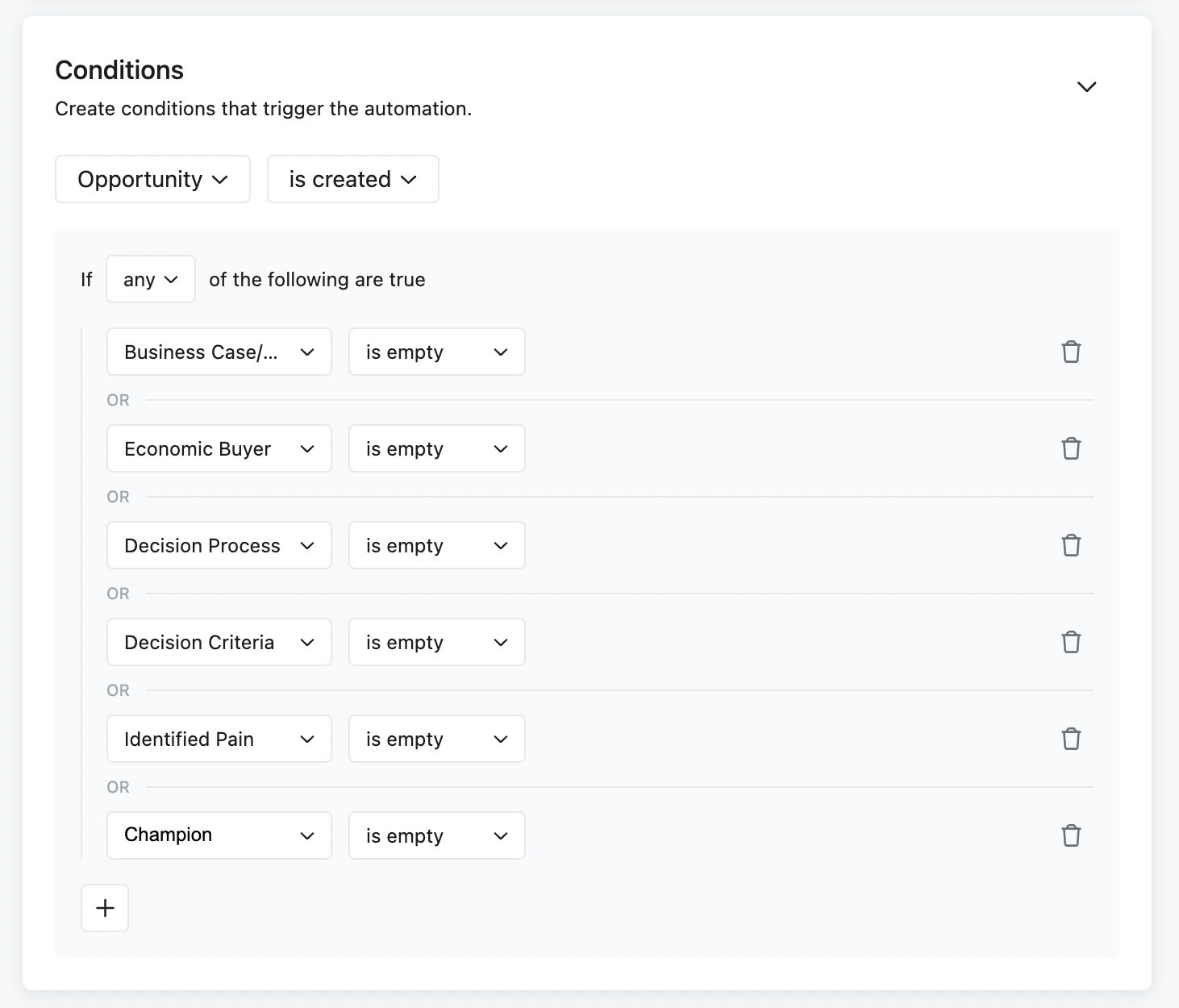 A screenshot of how the “Process adherence” Slack automation is built in Scratchpad, which is triggered when an opportunity is created and is missing any of the following Business case, economy buyer, decision process, decision criteria, identified pain, champion.