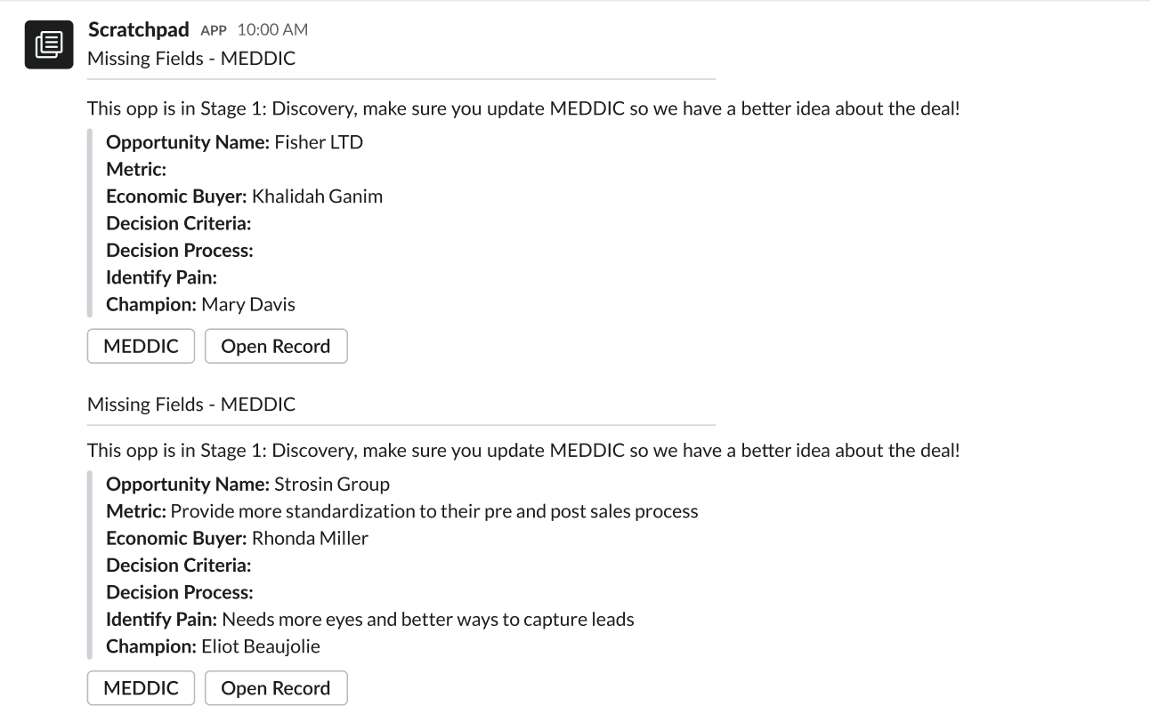 An example of a Slack alert for process adherence that includes all the details necessary for the MEDDIC methodology.