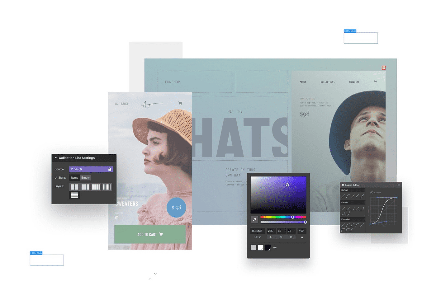 Webflow mit Designer und mehreren Screenshots