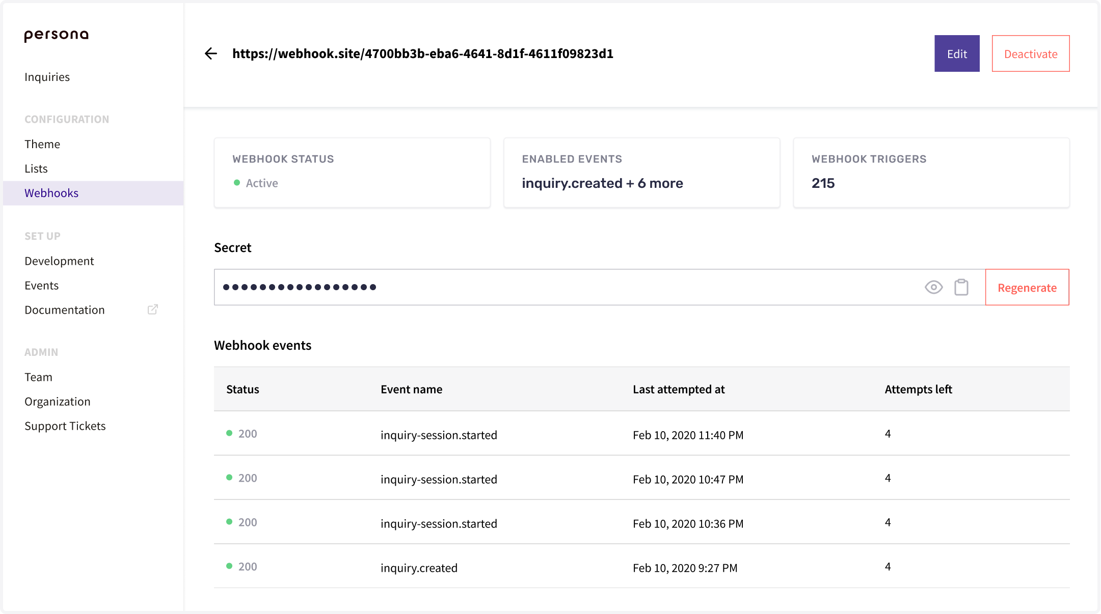 Webhook detail in the Persona dashboard.