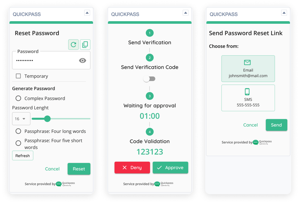 Reset password, identity verification and send password reset link screens of the Quickpass Pod