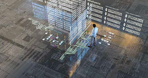 A man stands in the middle of a CGI landscape that features printed circuit board and stock ticketer imagery.