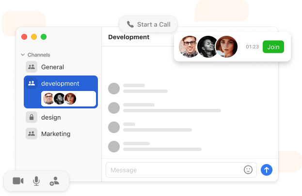 Stork user interface example for team channels, voice calls, and other features inside the Stork desktop app