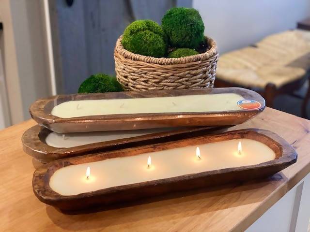 Hand carved wood bowl candles at Industrial Luxury