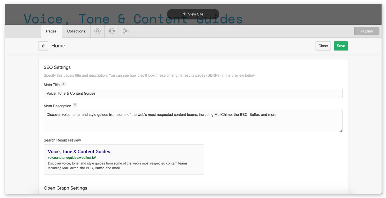Sideinnstillinger i Editor
