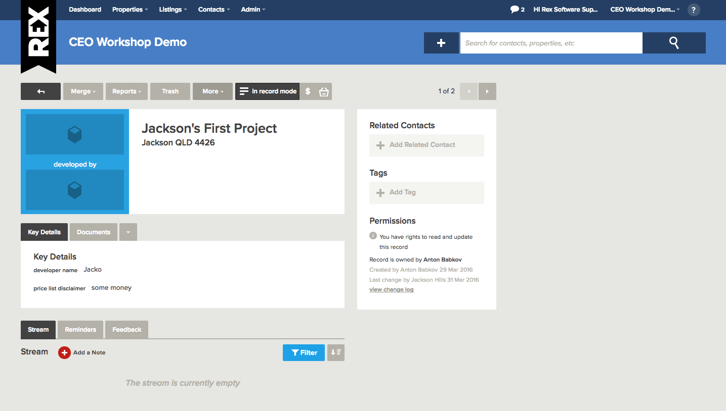 Rex software real estate CRM project marketing page example