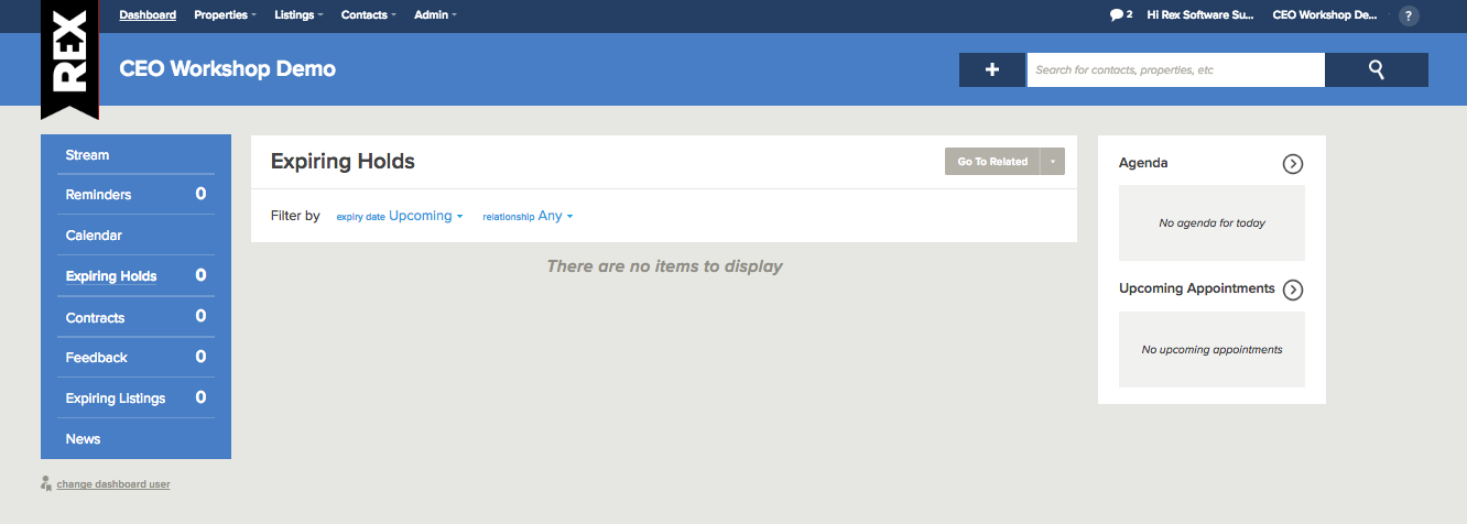 Rex real estate software CRM Dashboard expiring holds