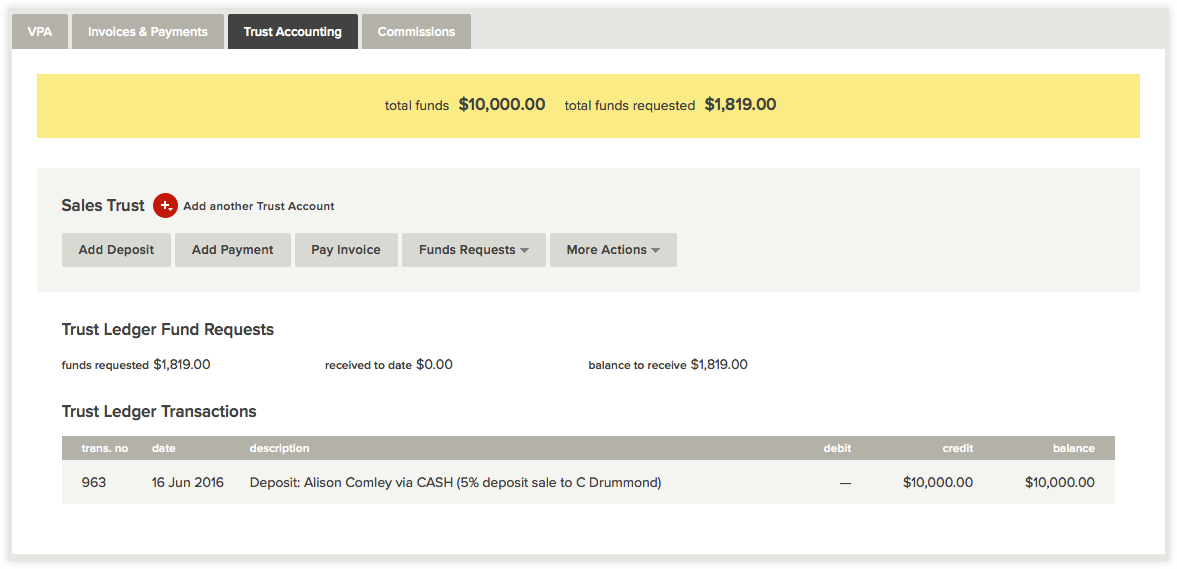 rex software real estate crm trust accounting tab