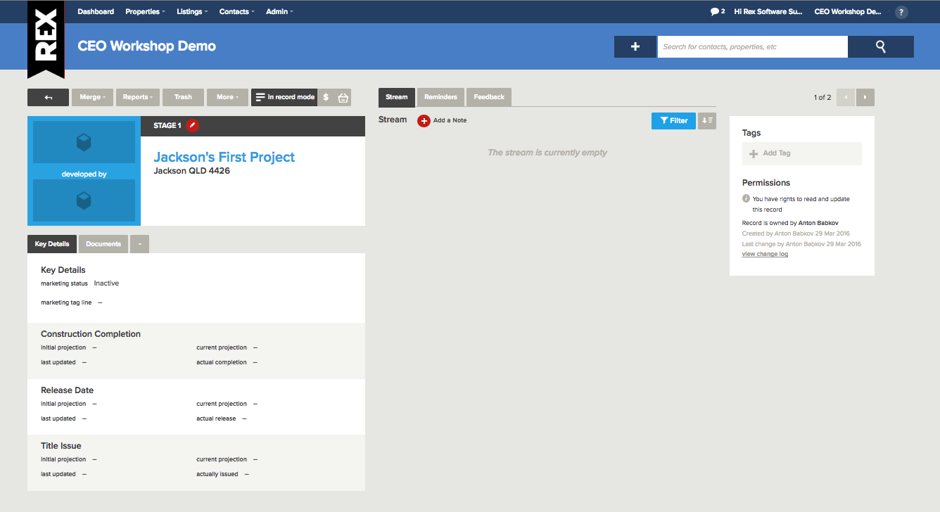 Rex software real estate crm project marketing stage example