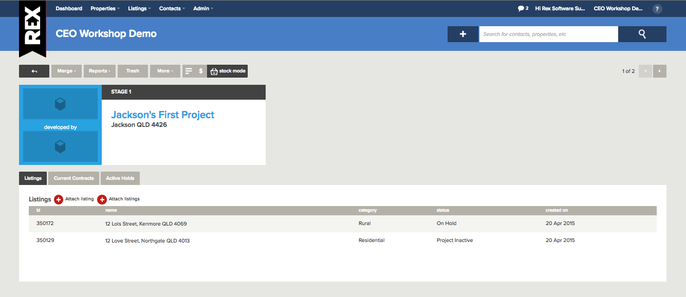 Rex software real estate CRM project marketing stock mode example