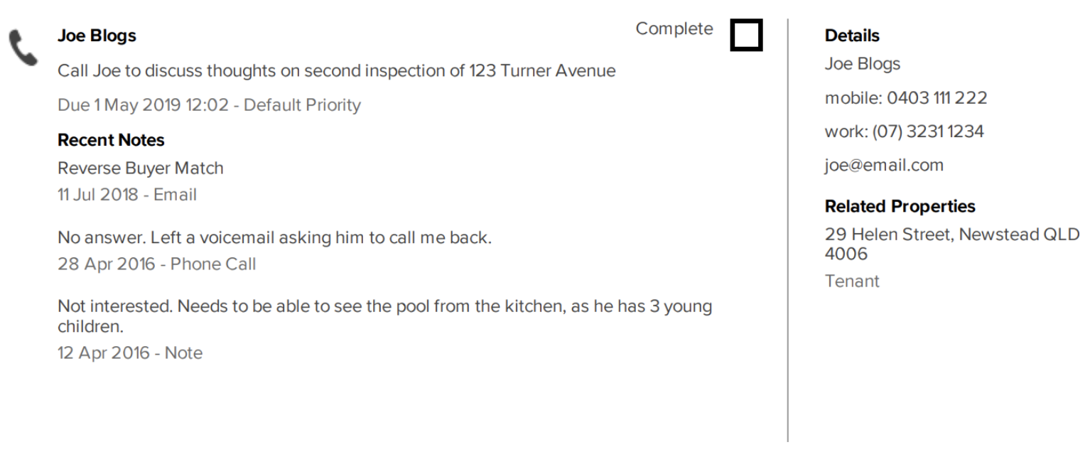 real estate phone call note