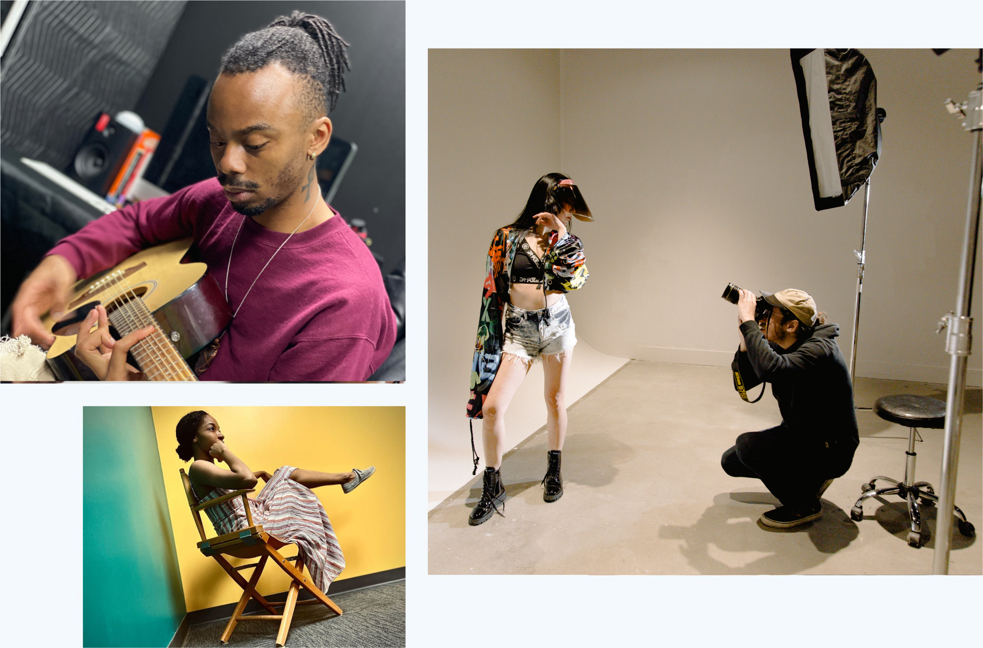 EXP Studio Image of man playing guitar, woman singer in director chair thinking and man photographer taking a picture of female model