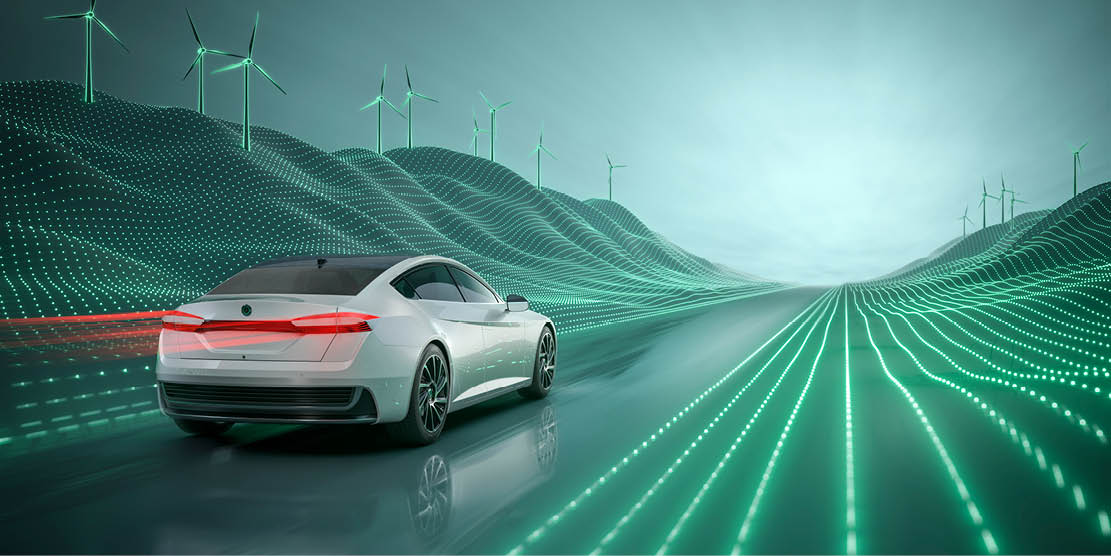 vehicle cruises across illustrated grid landscape