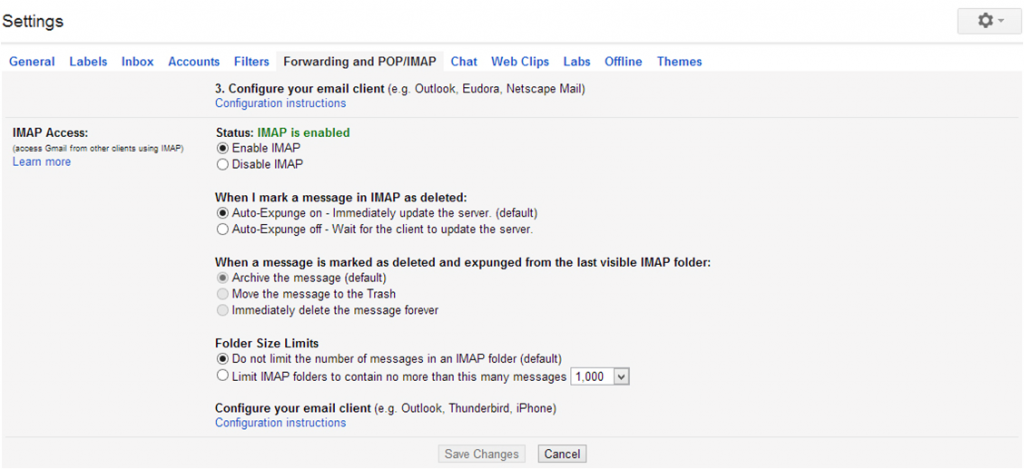 pop imap settings to setup gmail on outlook