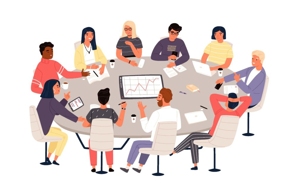 Illustration of teachers conducting assessment on a round table