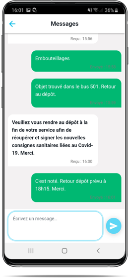 Capture d'écran messagerie pour les conducteurs SAEIV PYSAE