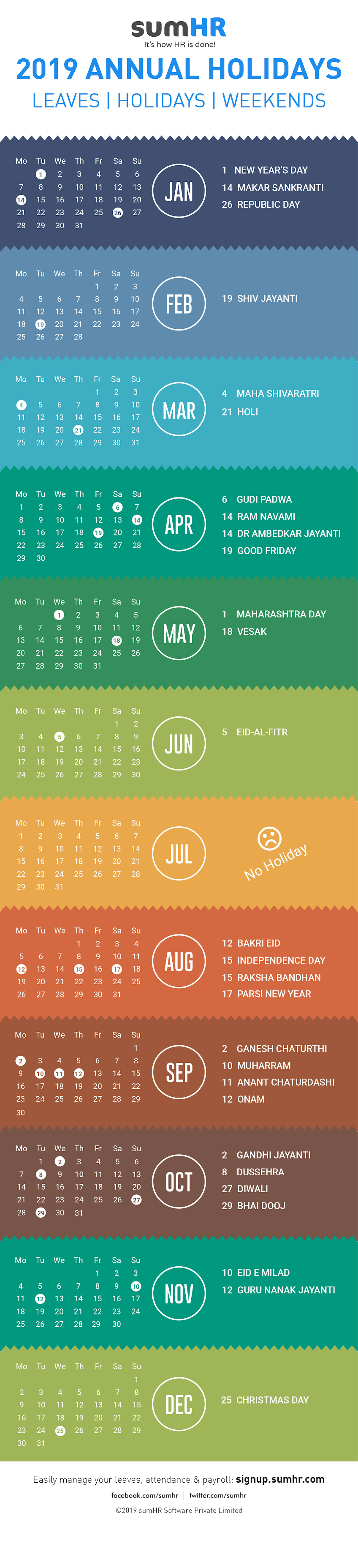holiday calendar list 2019