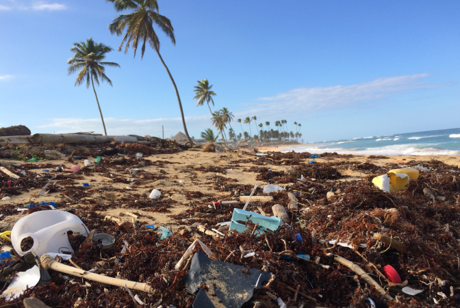 A beach covered in human waste and garbage