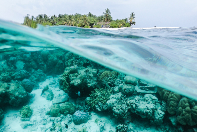 Island seen half underwater and half above water