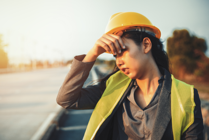 Female with orange hardhat wiping brow