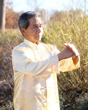 A man practicing Tai Chi in a field