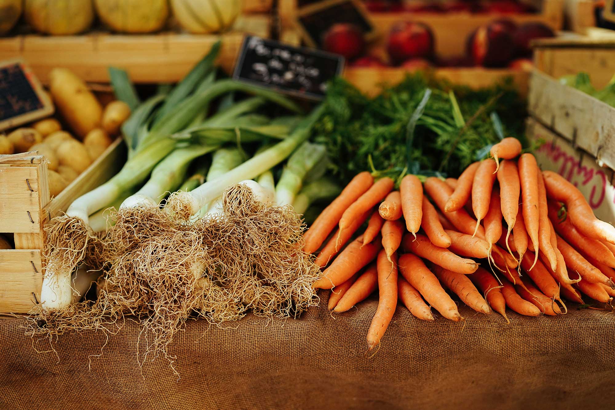 Vegetables stacked on a table at a market