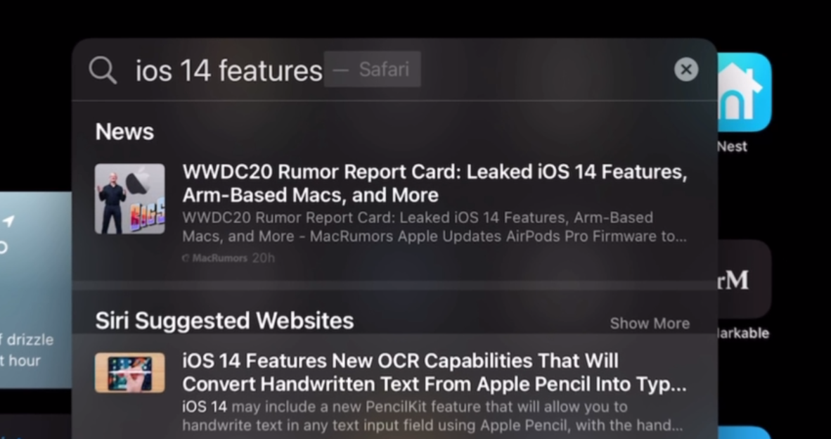 Выдача поисковой системы Apple в Spotlight