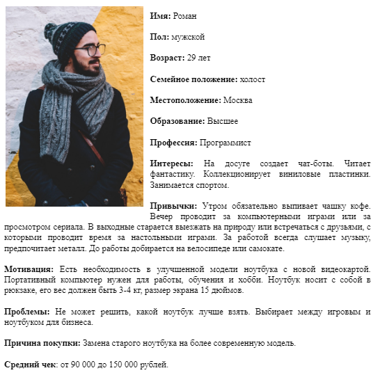Пример, как составить аватар клиента