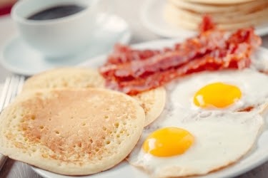 Pancakes, bacon and eggs