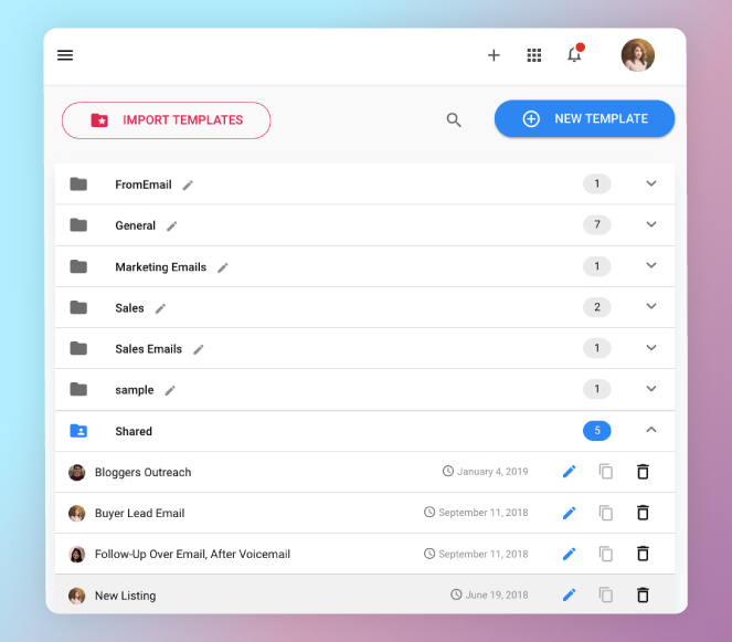 Image of Gmelius dashboard showing shareable templates.
